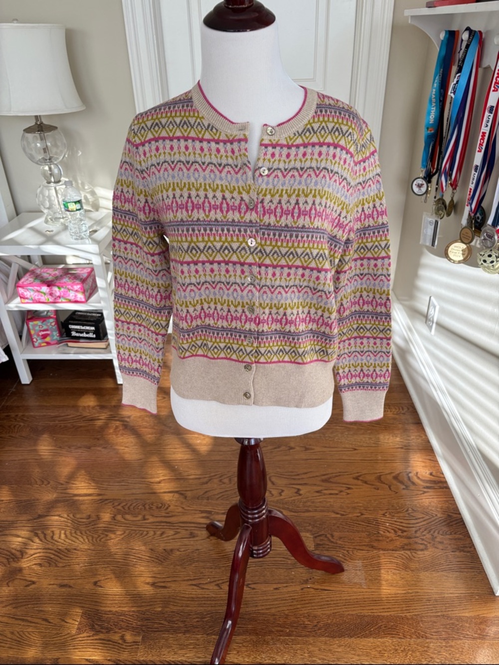 Pink and Tan Patterned Crewneck Cardigan Sweater